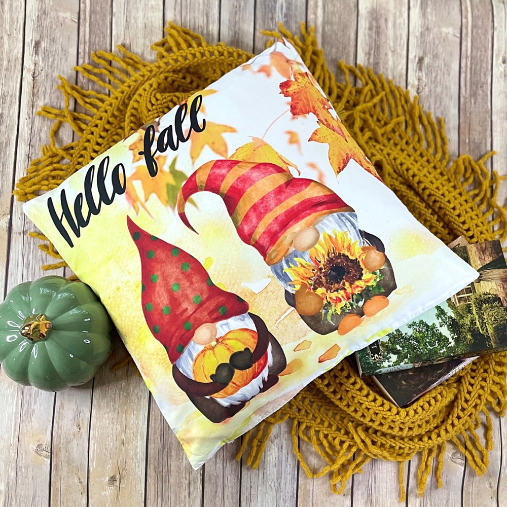 Fall Pillow Cover Accent 18x18 Hello Fall Gnome Cozy Pumpkin Leaves Autumn